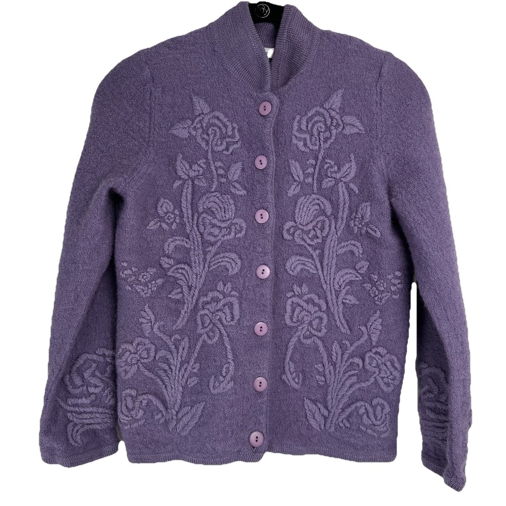 Dressbarn Womens Purple 100% Wool Floral Embroidered Button Front Cardigan Small